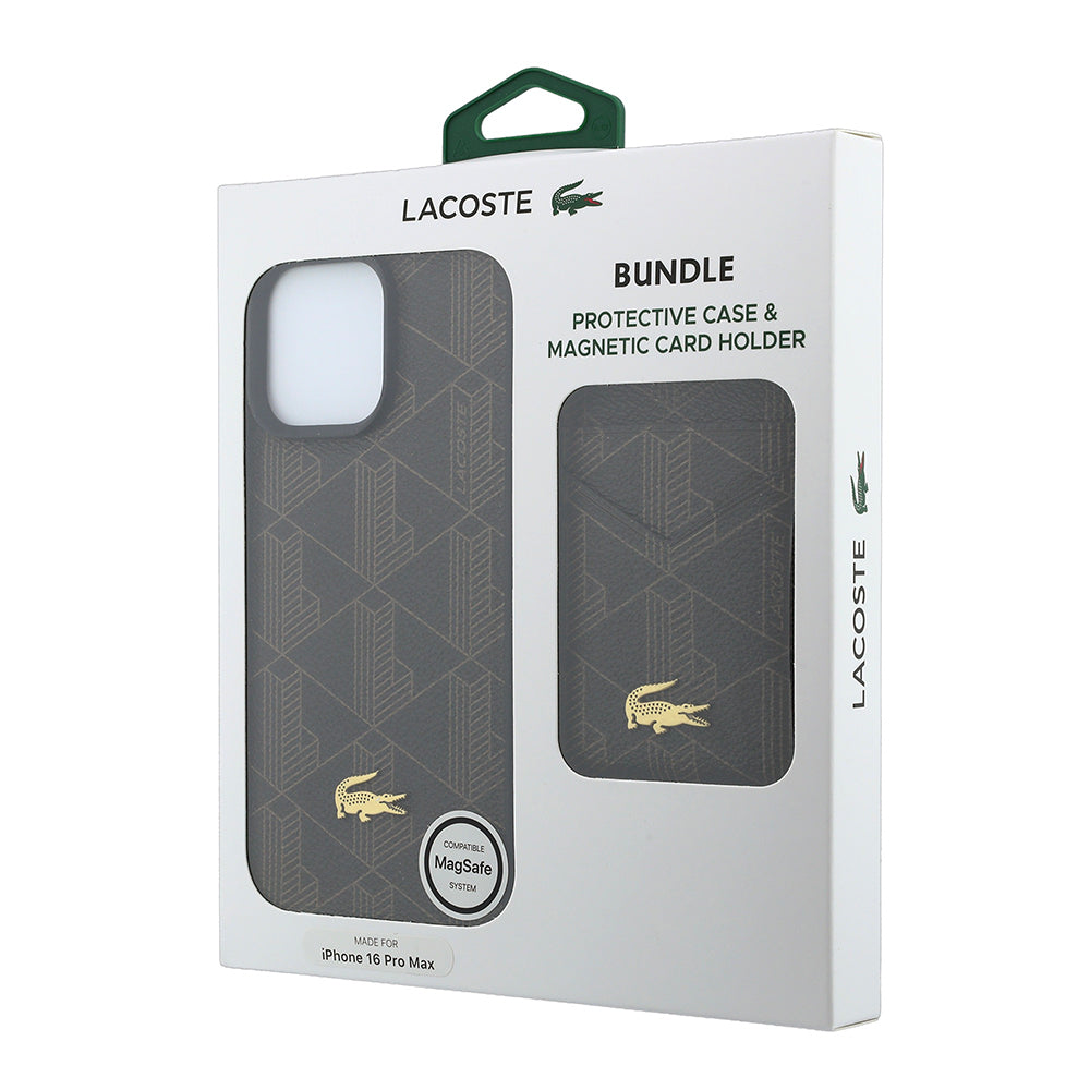 Apple iPhone 16 Pro Max Kılıf Lacoste Orjinal Lisanslı M-safe Şarj Özellikli PU Deri Tasarımlı Kartlıklı Karışık Monogram Desenli Kapak Kahverengi