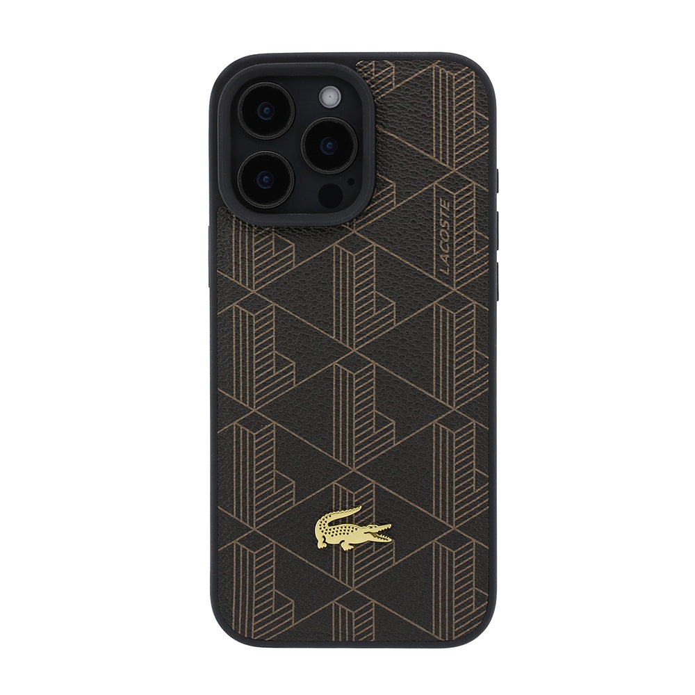 Apple iPhone 16 Pro Max Kılıf Lacoste Orjinal Lisanslı M-safe Şarj Özellikli PU Deri Tasarımlı Kartlıklı Karışık Monogram Desenli Kapak Kahverengi