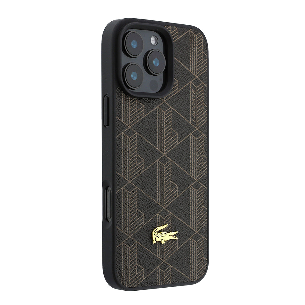 Apple iPhone 16 Pro Max Kılıf Lacoste Orjinal Lisanslı M-safe Şarj Özellikli PU Deri Tasarımlı Kartlıklı Karışık Monogram Desenli Kapak Kahverengi