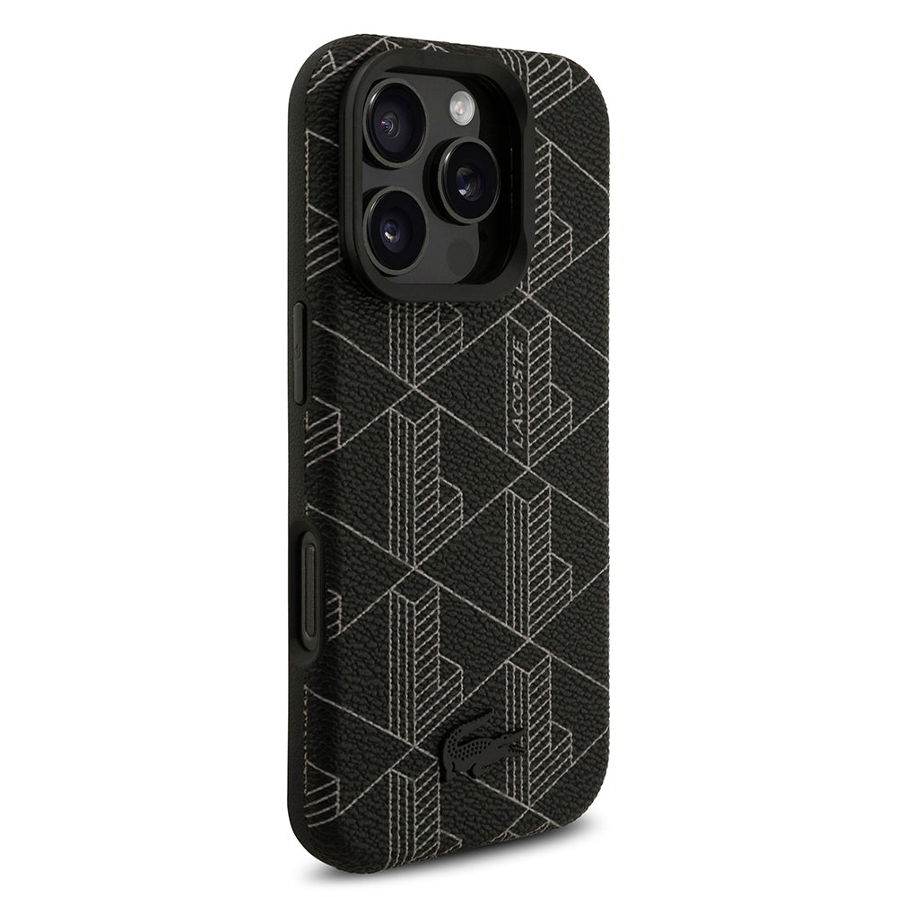 Apple iPhone 16 Pro Max Kılıf Lacoste Orjinal Lisanslı M-safe Şarj Özellikli Standlı PU Deri Karışık Monogram Desenli Kapak Siyah