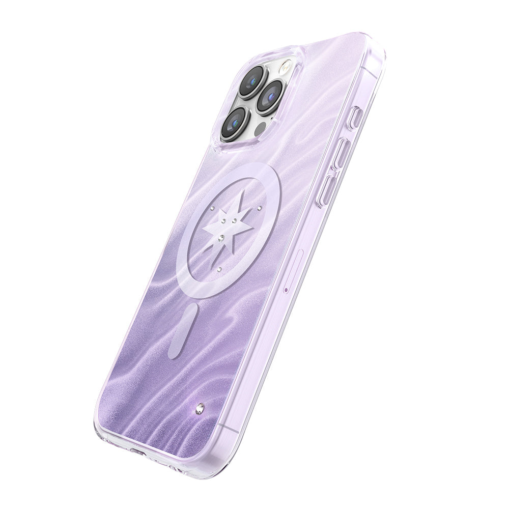 Apple iPhone 16 Pro Max Kılıf M-Safe Şarj Özellikli Orjinal Swarovski Taşlı Zore Paris Rovix Sert PC Kapak Açık Mor