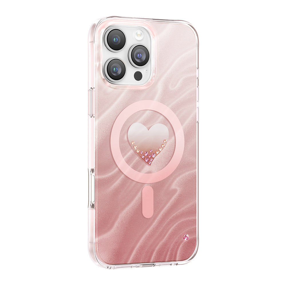 Apple iPhone 16 Pro Max Kılıf M-Safe Şarj Özellikli Orjinal Swarovski Taşlı Zore Paris Rovix Sert PC Kapak Pembe