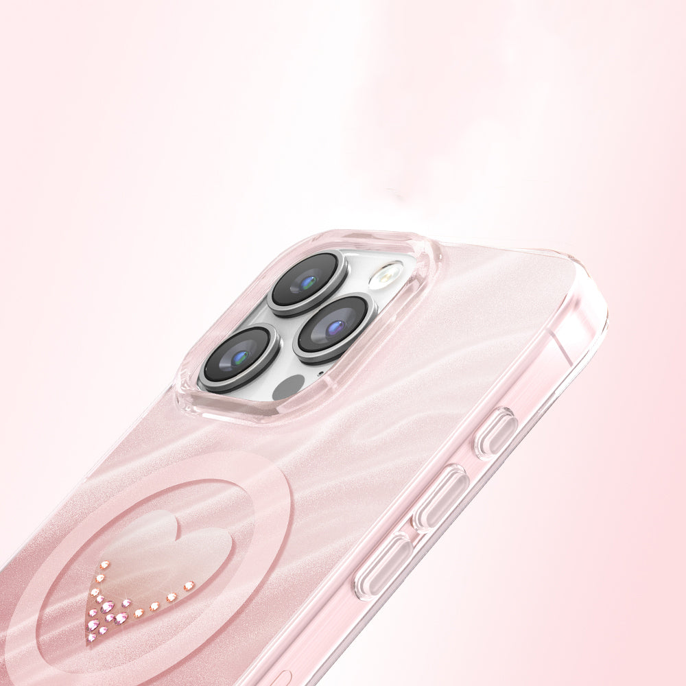 Apple iPhone 16 Pro Max Kılıf M-Safe Şarj Özellikli Orjinal Swarovski Taşlı Zore Paris Rovix Sert PC Kapak Pembe