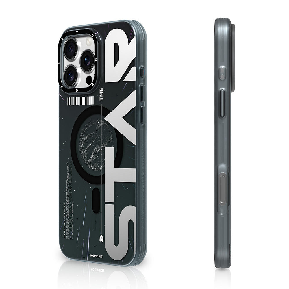 iPhone 16 Pro Max Kılıf Magsafe Şarj Özellikli Airbagli Hologram Tasarımlı Youngkit Interstellar Serisi Kılıf Siyah-Beyaz