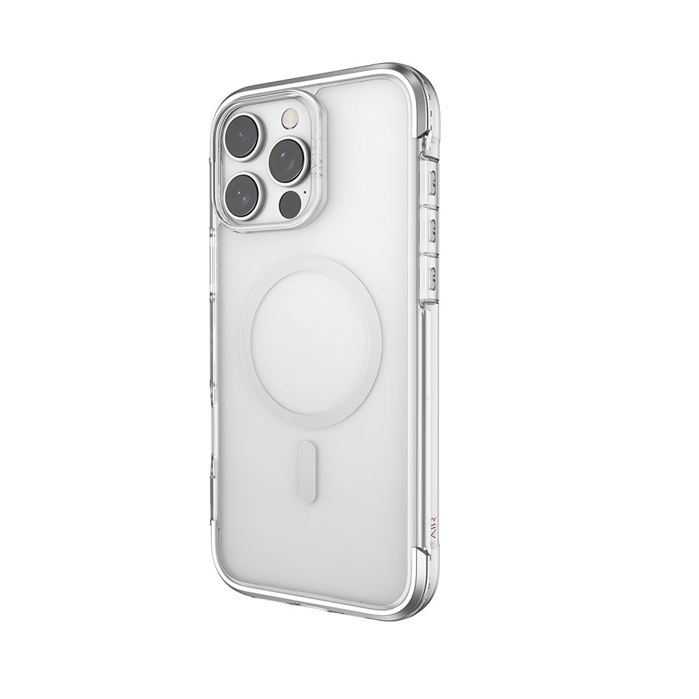 iPhone 16 Pro Max Kılıf Magsafe Şarj Özellikli Raptic Air Serisi Airbag Tasarımlı Metal Köşelikli Şeffaf Kılıf Gümüş