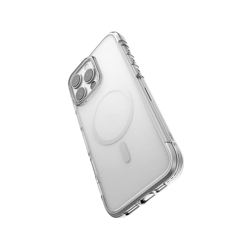 iPhone 16 Pro Max Kılıf Magsafe Şarj Özellikli Raptic Air Serisi Airbag Tasarımlı Metal Köşelikli Şeffaf Kılıf Gümüş