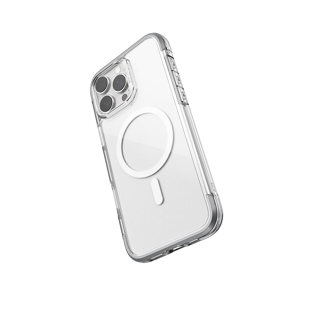 iPhone 16 Pro Max Kılıf Magsafe Şarj Özellikli Raptic Air Serisi Airbag Tasarımlı Metal Köşelikli Şeffaf Kılıf Gümüş