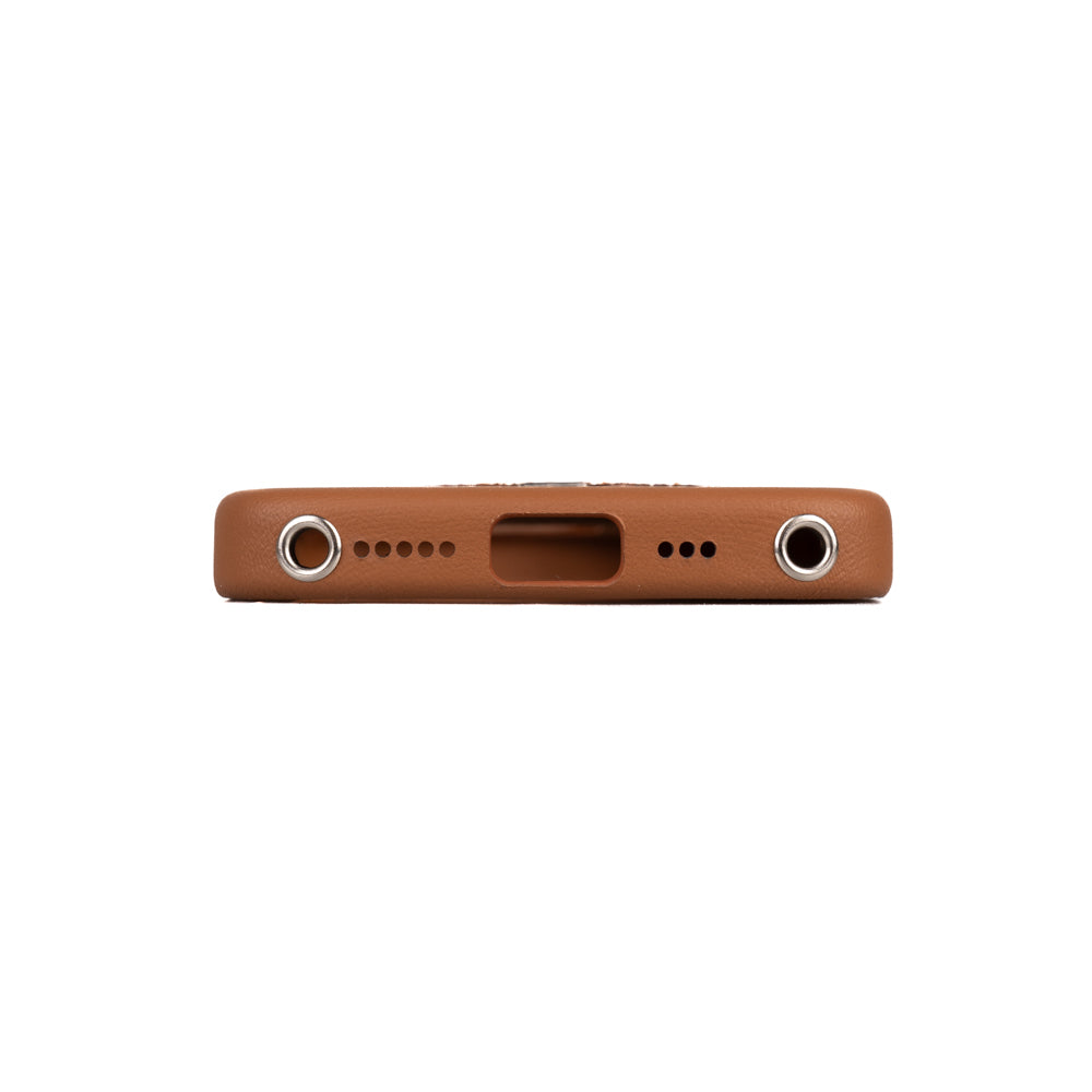Apple iPhone 16 Pro Max Kılıf Magsafe Şarj Özellikli Standlı Suni Deri Tasarımlı Pynana Dancing Circle Serisi Kapak Kahverengi