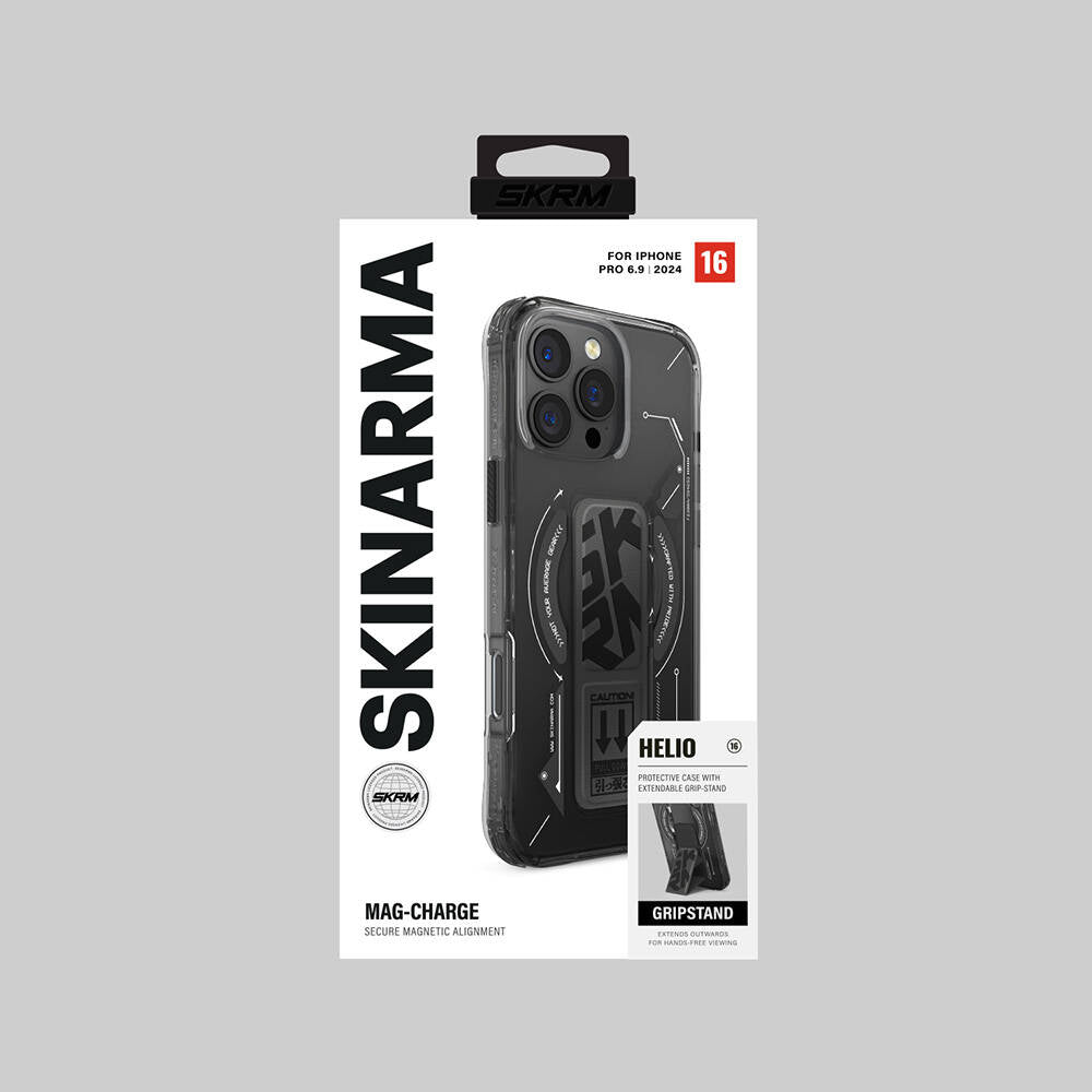 iPhone 16 Pro Max Kılıf Magsafe Şarj Özellikli Teknoloji Desenli Standlı Skinarma Helio Kılıf Gold