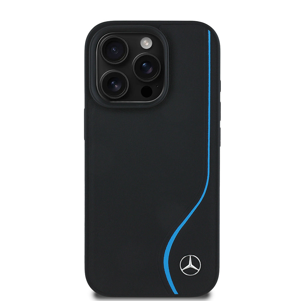 Apple iPhone 16 Pro Max Kılıf Mercedes Benz Orjinal Lisanslı M-safe Şarj Özellikli 3D Metal Logolu Mavi Dikey Eğri Çizgili Deri Kapak Siyah