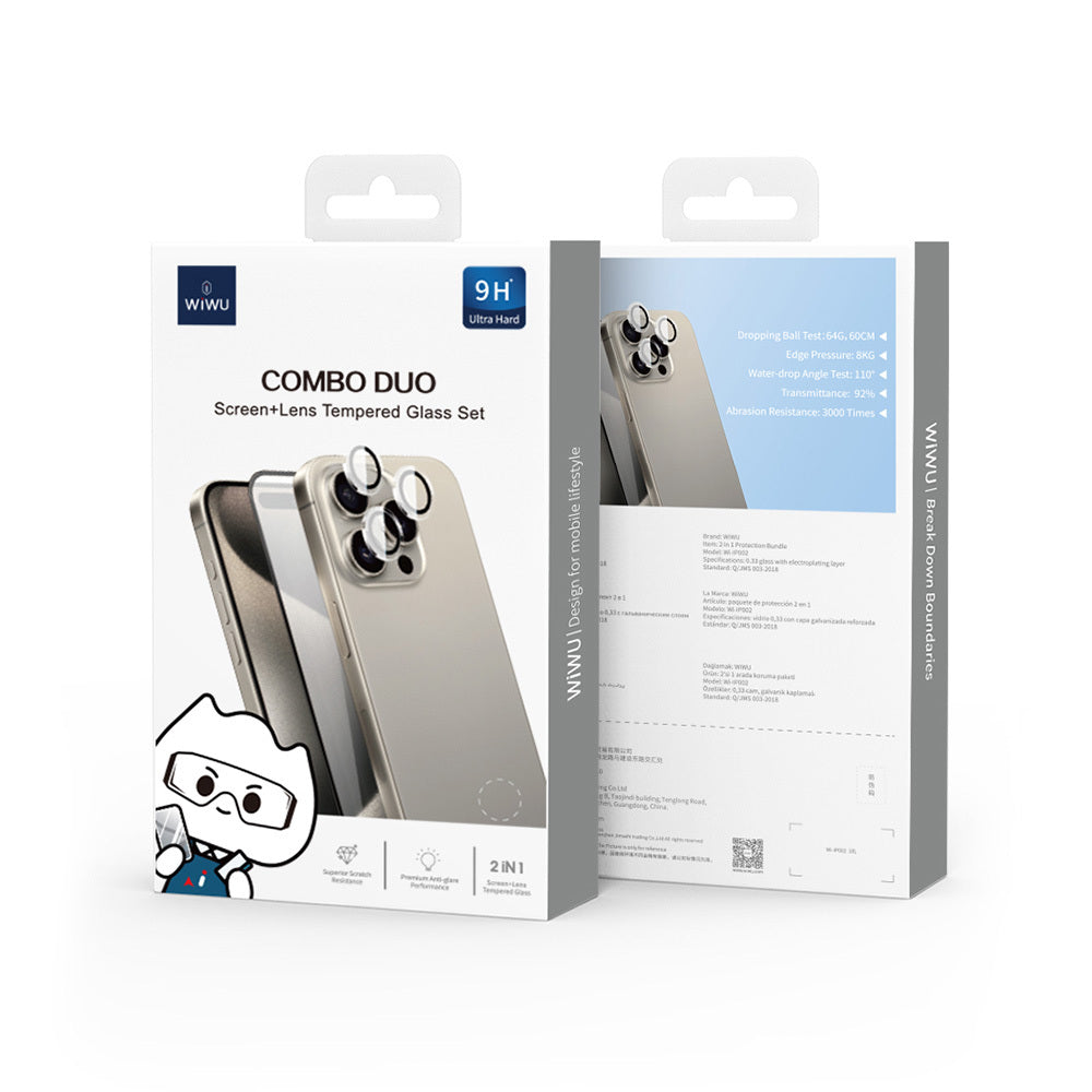 iPhone 16 Wiwu Wi-IP002 2in1 Temperli Cam Ahize Toz Önleyici Ekran Koruyucu ve Kamera Lens Koruyucu Set Şeffaf