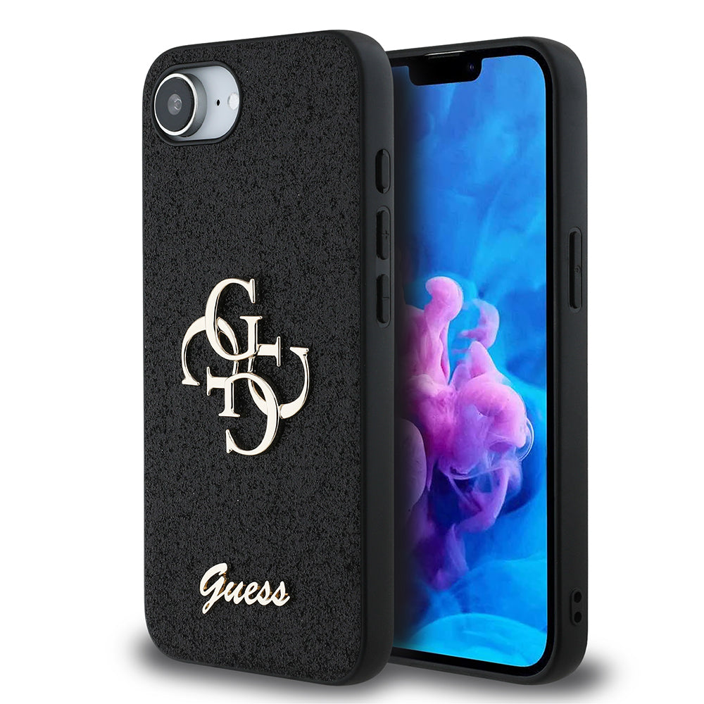 Apple iPhone 16E Kılıf Guess Orjinal Lisanslı 4G Büyük Metal Logolu Glitter Kapak Siyah