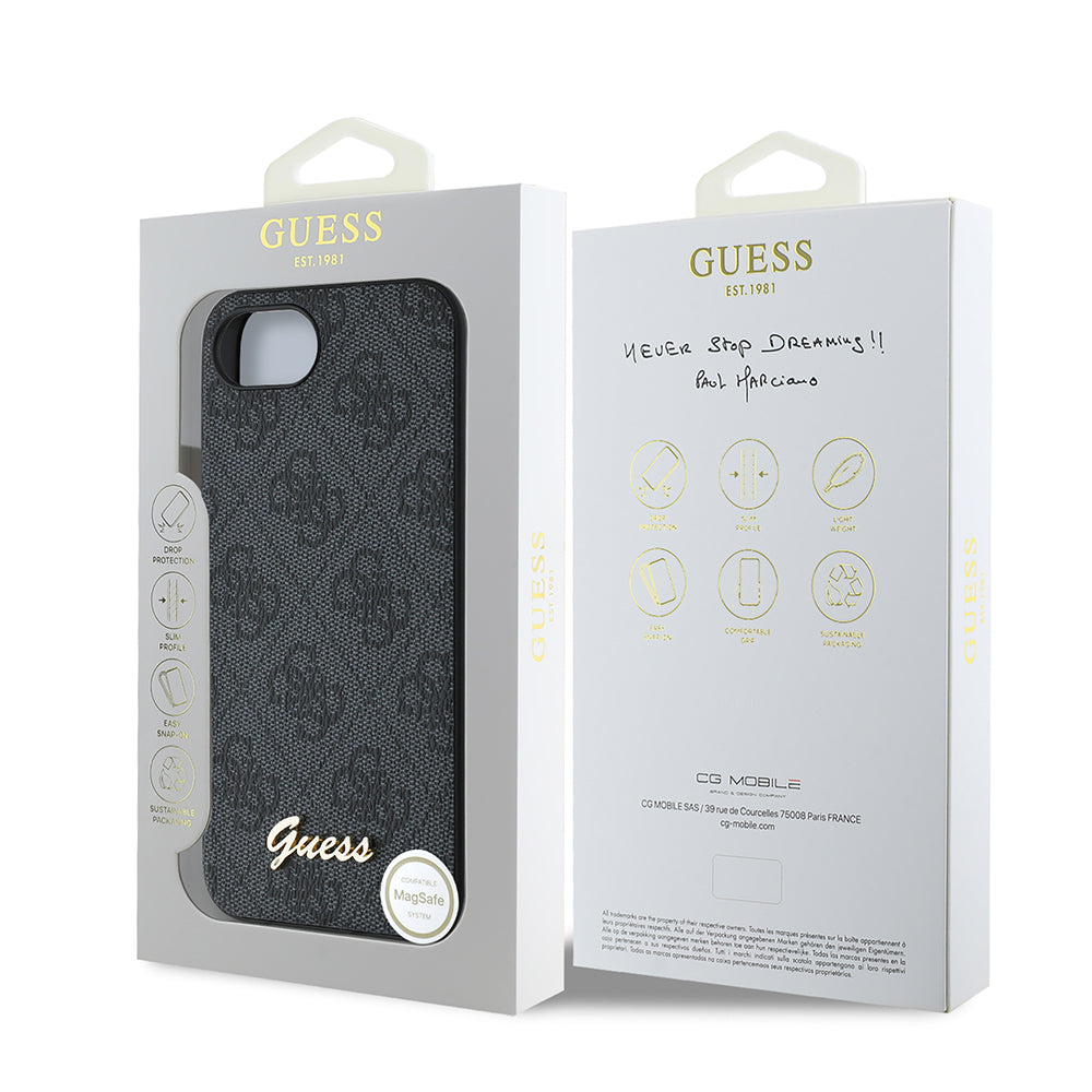 Apple iPhone 16E Kılıf Guess Orjinal Lisanslı 4G Desenli Script Metal Logolu Kapak Siyah