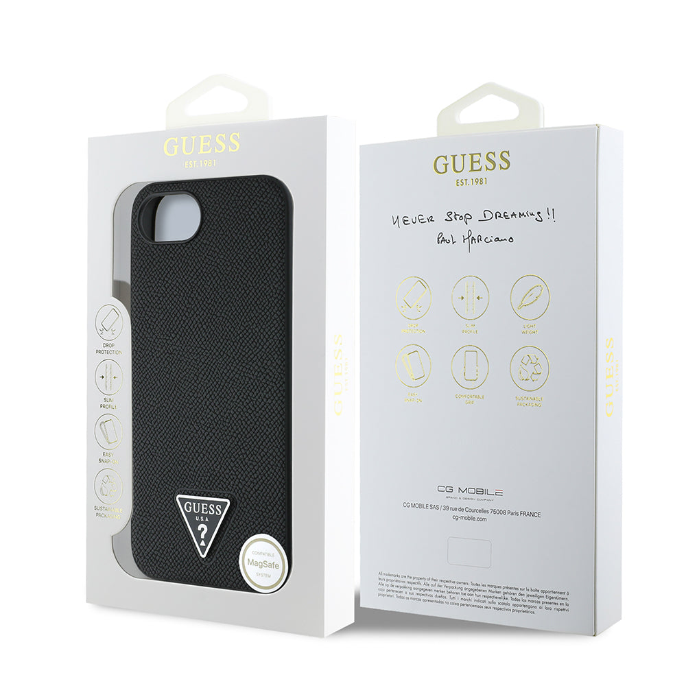 Apple iPhone 16E Kılıf Guess Orjinal Lisanslı M-safe Şarj Özellikli Grained Triangle Kapak Siyah