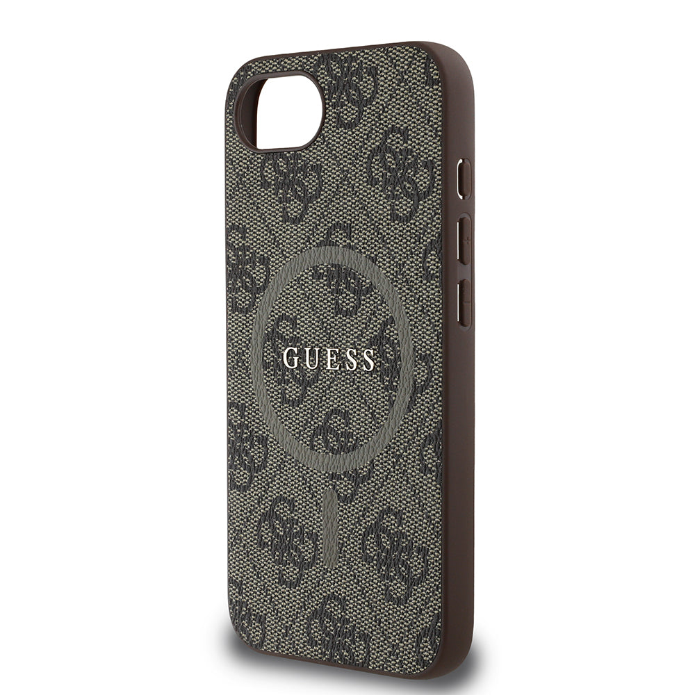 Apple iPhone 16E Kılıf Guess Orjinal Lisanslı M-safe Şarj Özellikli PU Halkalı 4G Desenli Yazı Logolu Kapak Kahverengi