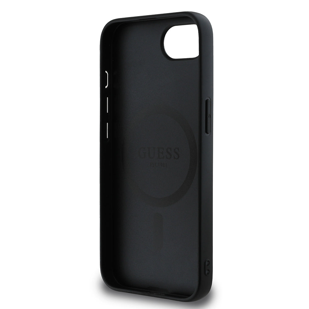 Apple iPhone 16E Kılıf Guess Orjinal Lisanslı M-safe Şarj Özellikli PU Üçgen Logo 4G Desenli Kapak Siyah