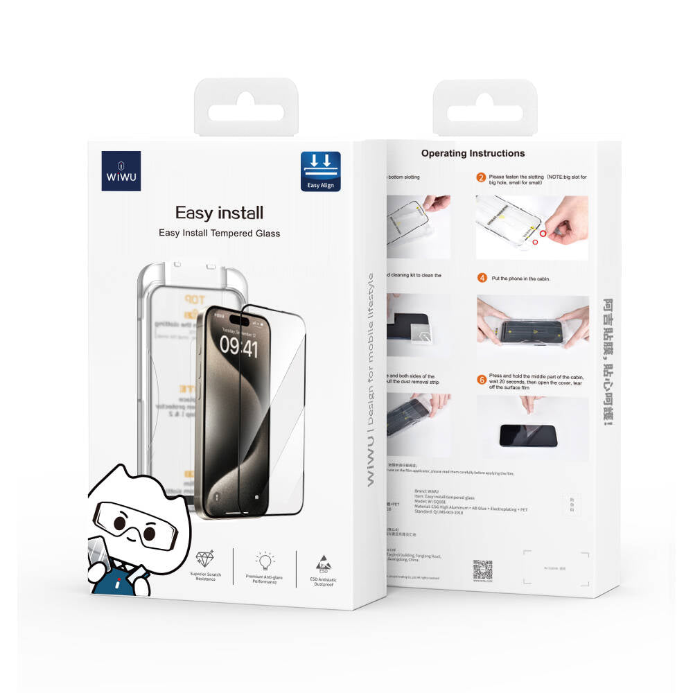 Apple iPhone 16E Wiwu SQ-008 Oleofobik Easy Install Darbeye Karşı Dayanıklı Temperli Cam Ekran Koruyucu + Kolay Uygulama Aparatlı Siyah