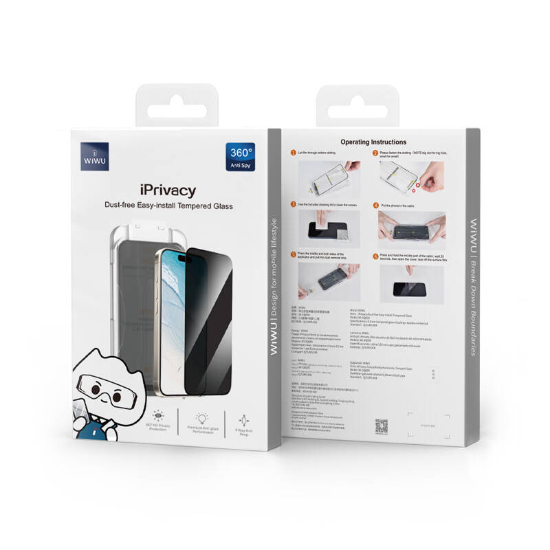 Apple iPhone 16E Wiwu Wi-SQ009 Easy Install iPrivacy 360° Anti-Peep Oleofobik Temperli Cam Ekran Koruyucu + Kolay Uygulama Aparatlı Siyah
