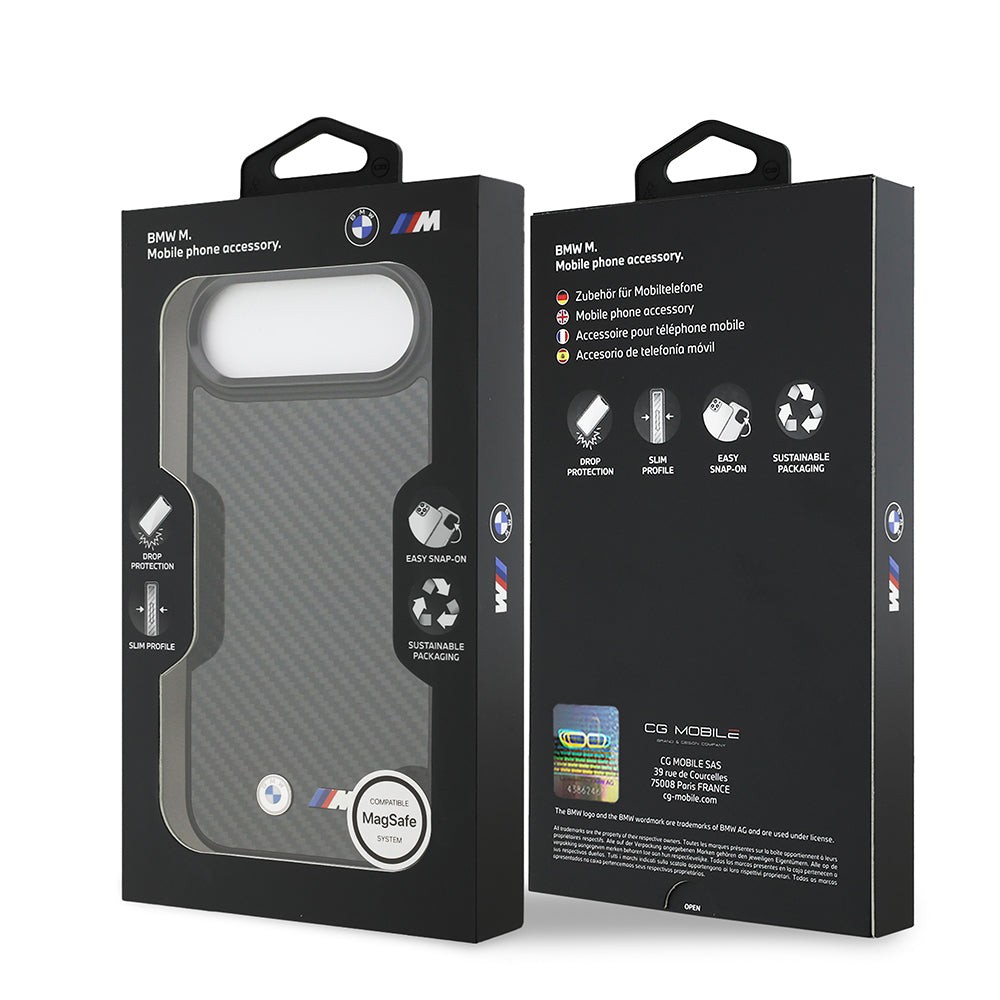 Apple iPhone 17 Air Kılıf BMW Orjinal Lisanslı M-safe Şarj Özellikli Karbon Fiber Metal Logolu Kevlar Kapak Siyah