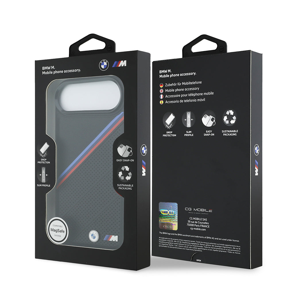 Apple iPhone 17 Air Kılıf BMW Orjinal Lisanslı M-safe Şarj Özellikli M Logolu Üç Şeritli Delikli Deri Kapak Siyah