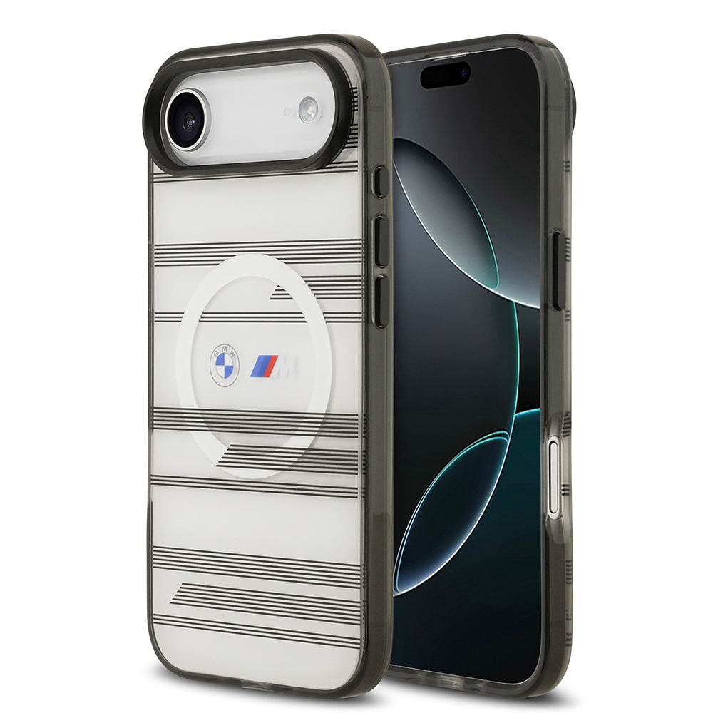 Apple iPhone 17 Air Kılıf BMW Orjinal Lisanslı M-safe Şarj Özellikli Metal Kamera Butonlu Yatay Şeritli M Dizayn Kapak Gümüş