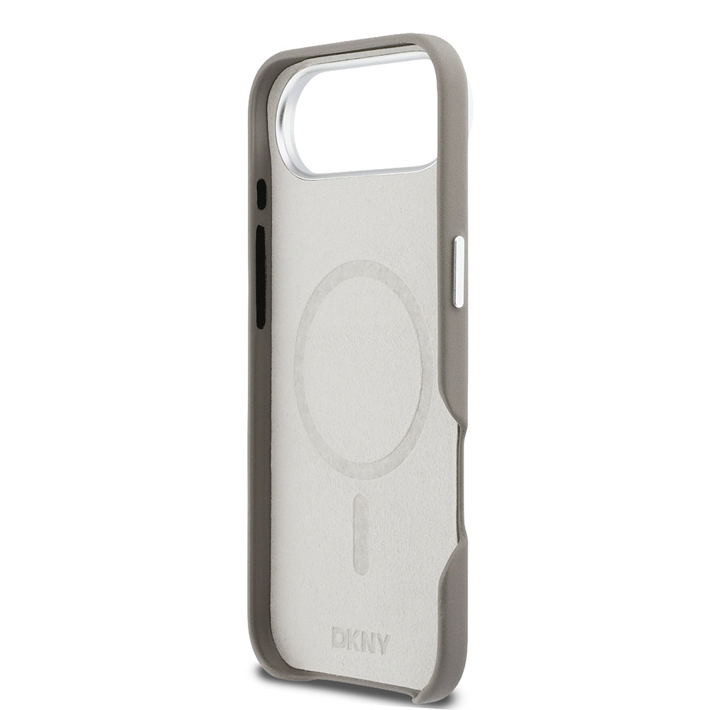 Apple iPhone 17 Air Kılıf DKNY Orjinal Lisanslı M-safe Şarj Özellikli PU Büyük Dikey Logolu Kapak Bej