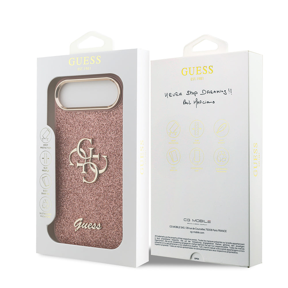 Apple iPhone 17 Air Kılıf Guess Orjinal Lisanslı 4G Büyük Metal Kamera Çerçeveli ve Logolu Glitter Kapak Pembe