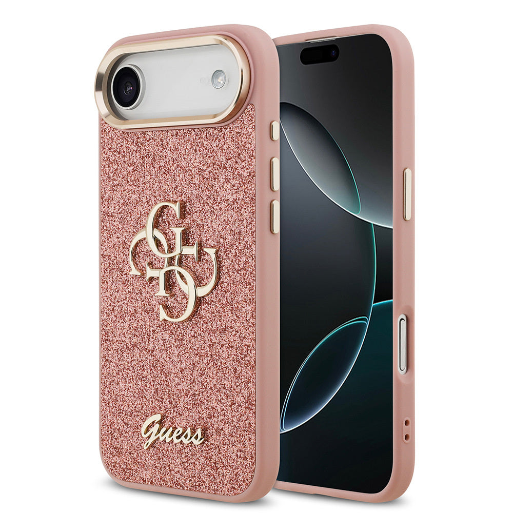 Apple iPhone 17 Air Kılıf Guess Orjinal Lisanslı 4G Büyük Metal Kamera Çerçeveli ve Logolu Glitter Kapak Pembe