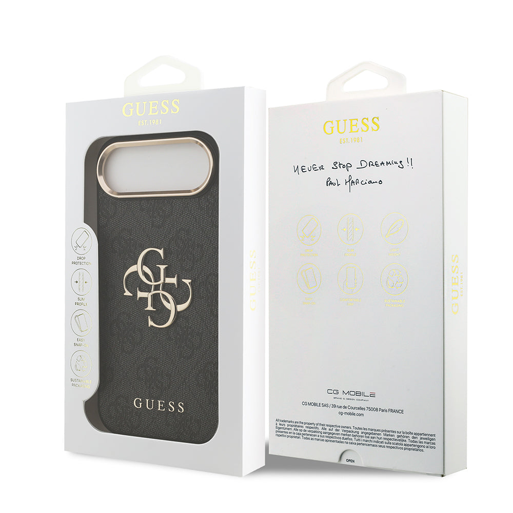 Apple iPhone 17 Air Kılıf Guess Orjinal Lisanslı Gold Metal Kamera Çerçeveli 4G Desenli Metal Büyük 4G ve Yazı Logolu Kapak Siyah