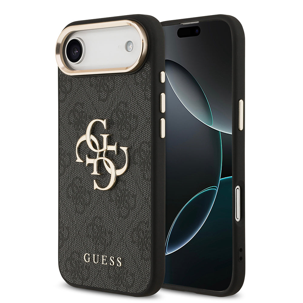Apple iPhone 17 Air Kılıf Guess Orjinal Lisanslı Gold Metal Kamera Çerçeveli 4G Desenli Metal Büyük 4G ve Yazı Logolu Kapak Siyah