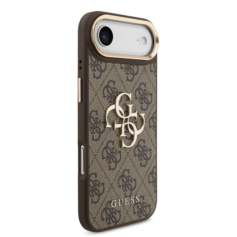 Apple iPhone 17 Air Kılıf Guess Orjinal Lisanslı Gold Metal Kamera Çerçeveli 4G Desenli Metal Büyük 4G ve Yazı Logolu Kapak Kahverengi