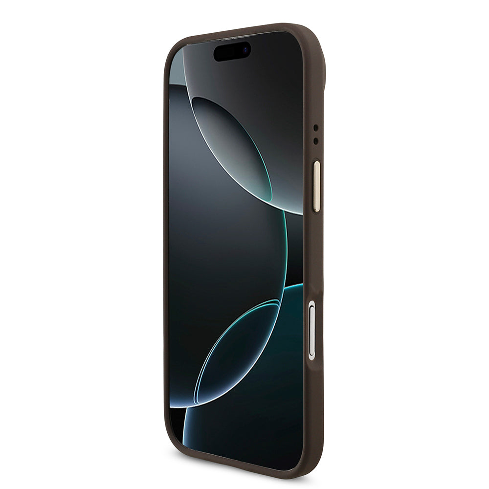 Apple iPhone 17 Air Kılıf Guess Orjinal Lisanslı Gold Metal Kamera Çerçeveli 4G Desenli Metal Büyük 4G ve Yazı Logolu Kapak Kahverengi