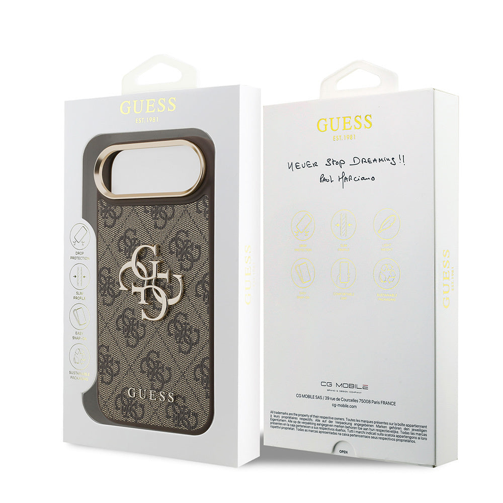Apple iPhone 17 Air Kılıf Guess Orjinal Lisanslı Gold Metal Kamera Çerçeveli 4G Desenli Metal Büyük 4G ve Yazı Logolu Kapak Kahverengi