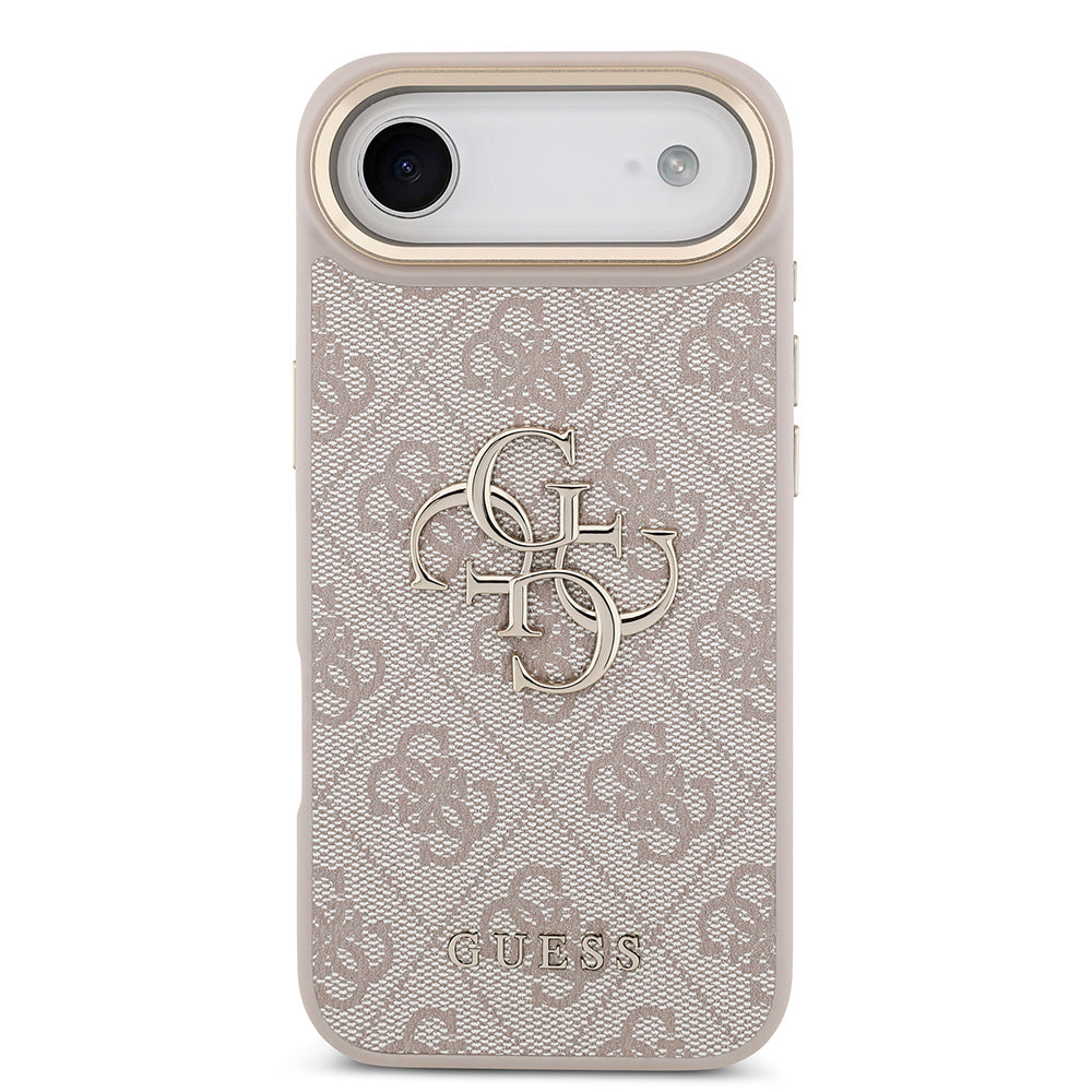 Apple iPhone 17 Air Kılıf Guess Orjinal Lisanslı Gold Metal Kamera Çerçeveli 4G Desenli Metal Büyük 4G ve Yazı Logolu Kapak Pembe