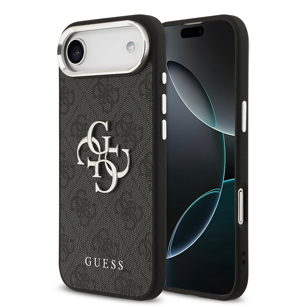 Apple iPhone 17 Air Kılıf Guess Orjinal Lisanslı Gümüş Metal Kamera Çerçeveli 4G Desenli Metal Büyük 4G ve Yazı Logolu Kapak Siyah