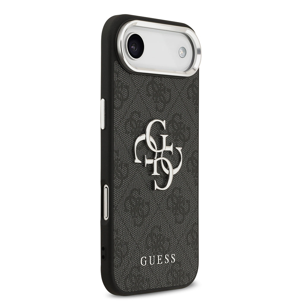 Apple iPhone 17 Air Kılıf Guess Orjinal Lisanslı Gümüş Metal Kamera Çerçeveli 4G Desenli Metal Büyük 4G ve Yazı Logolu Kapak Siyah