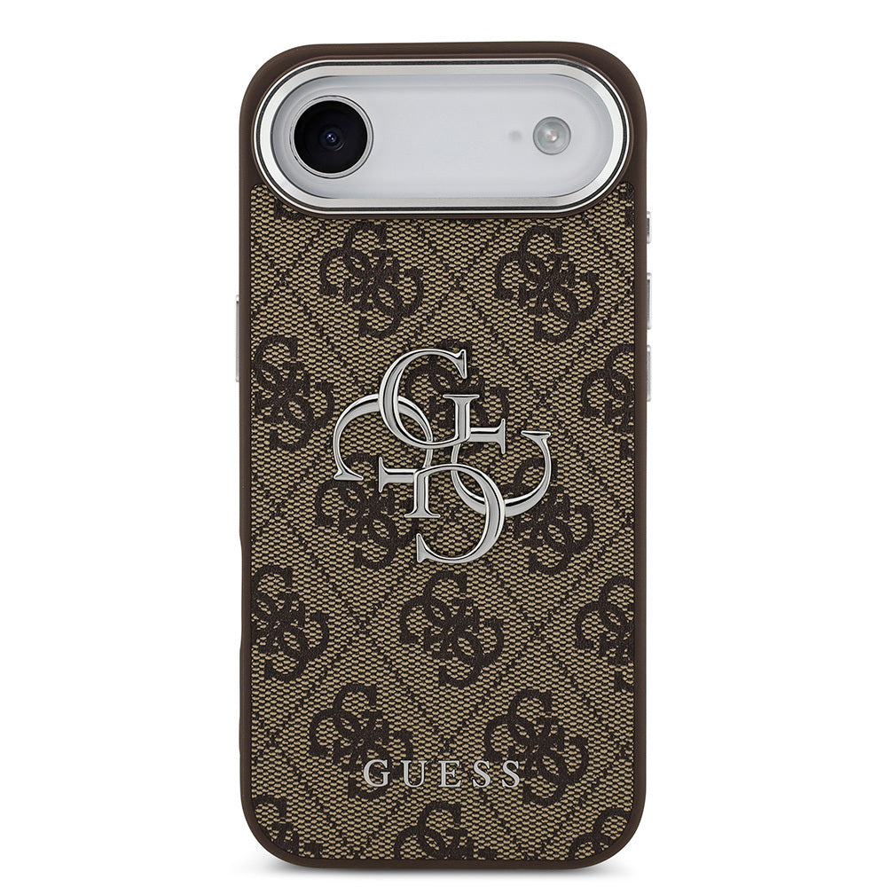 Apple iPhone 17 Air Kılıf Guess Orjinal Lisanslı Gümüş Metal Kamera Çerçeveli 4G Desenli Metal Büyük 4G ve Yazı Logolu Kapak Kahverengi