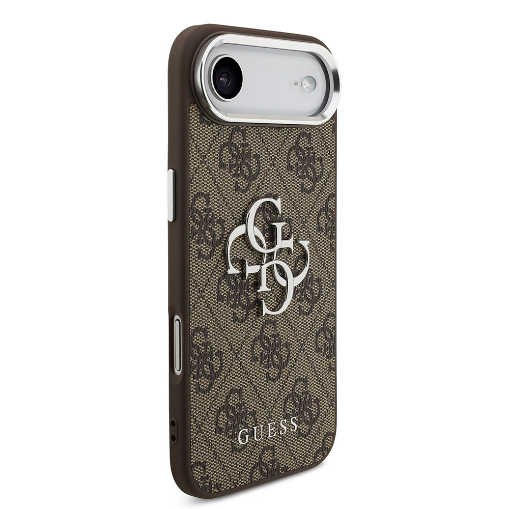 Apple iPhone 17 Air Kılıf Guess Orjinal Lisanslı Gümüş Metal Kamera Çerçeveli 4G Desenli Metal Büyük 4G ve Yazı Logolu Kapak Kahverengi