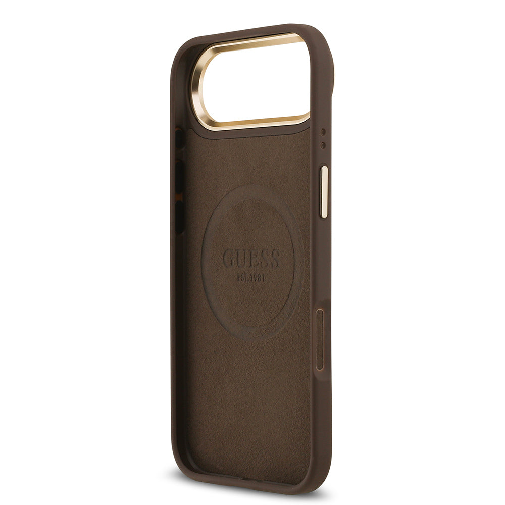 Apple iPhone 17 Air Kılıf Guess Orjinal Lisanslı M-safe Şarj Özellikli 4G Desenli PU Metal Plaka Klasik Logolu Kapak Kahverengi