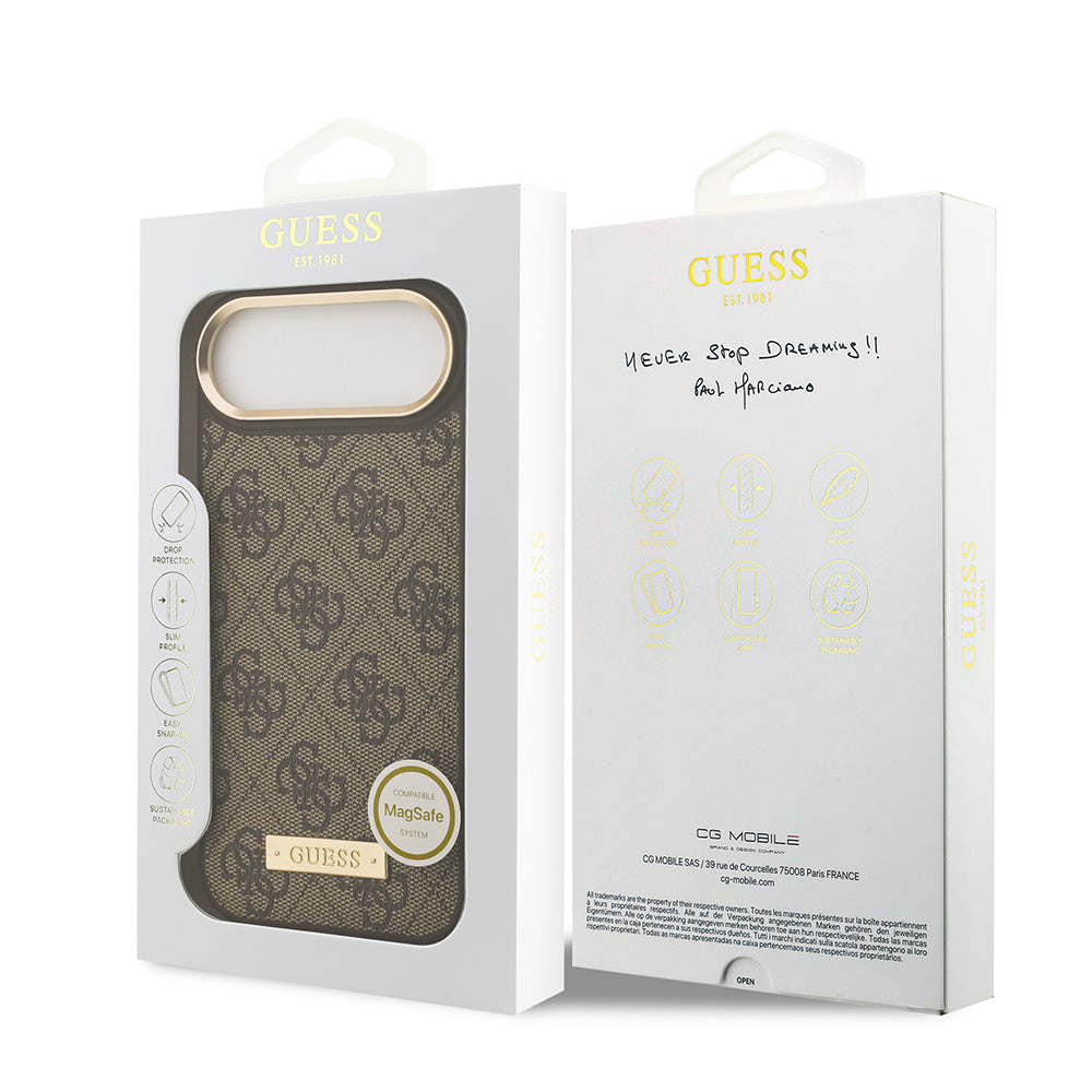 Apple iPhone 17 Air Kılıf Guess Orjinal Lisanslı M-safe Şarj Özellikli 4G Desenli PU Metal Plaka Klasik Logolu Kapak Kahverengi
