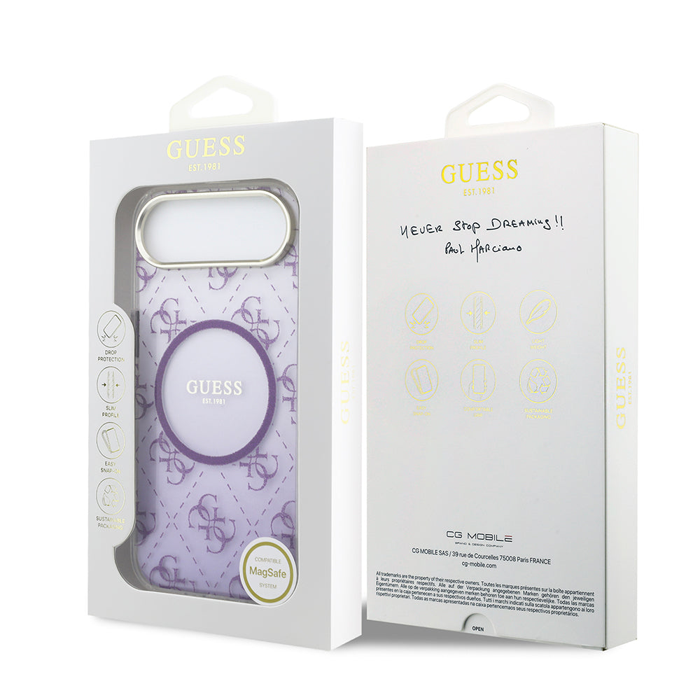Apple iPhone 17 Air Kılıf Guess Orjinal Lisanslı M-safe Şarj Özellikli 4G Desenli Simli Silikon Kapak Mor
