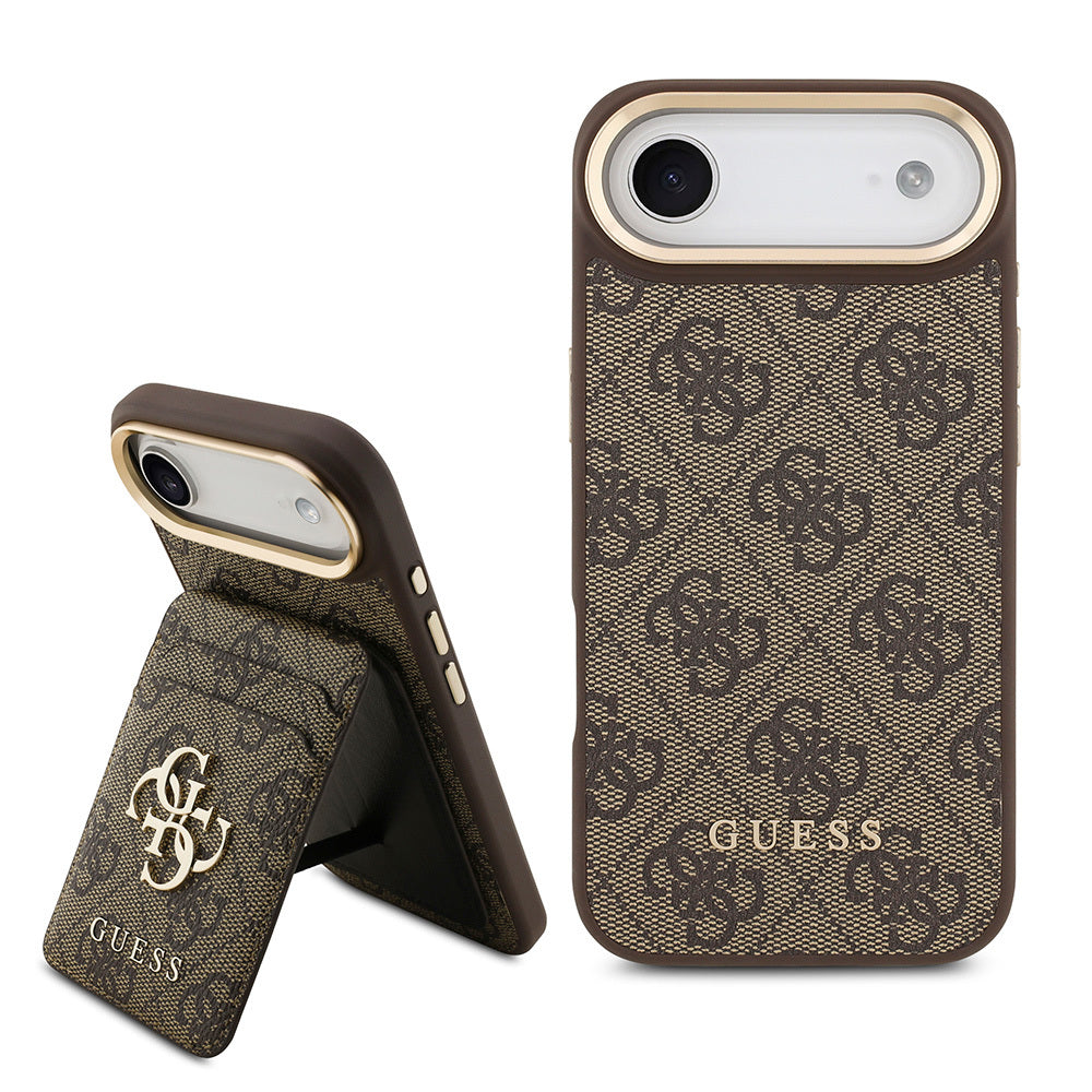 Apple iPhone 17 Air Kılıf Guess Orjinal Lisanslı M-safe Şarj Özellikli 4G Metal Büyük Logolu Kartlıklı Kapak Kahverengi