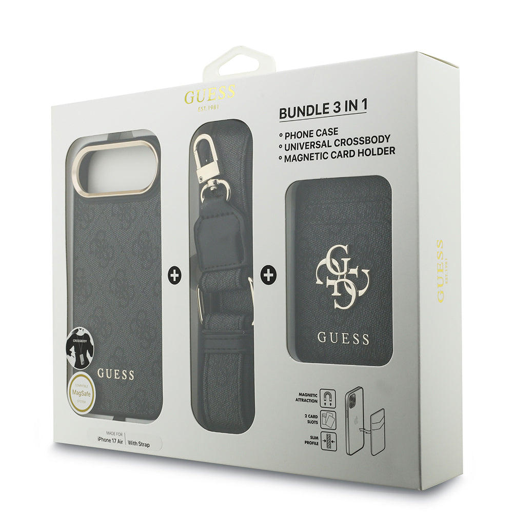Apple iPhone 17 Air Kılıf Guess Orjinal Lisanslı M-safe Şarj Özellikli Askılı ve 4G Logo Kartlıklı Kapak Siyah