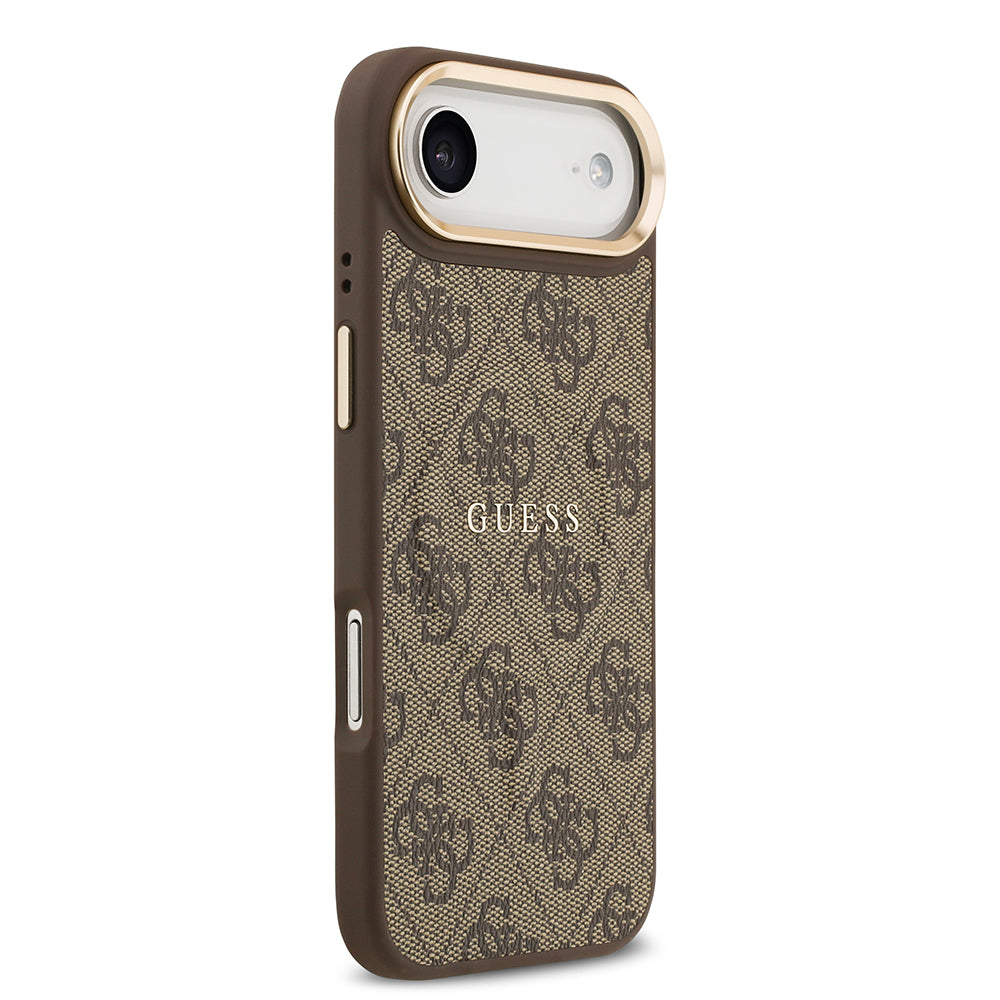 Apple iPhone 17 Air Kılıf Guess Orjinal Lisanslı M-safe Şarj Özellikli Gold Metal Kamera Çerçeveli PU Deri 4G Desenli Yazı Logolu Kapak Kahverengi