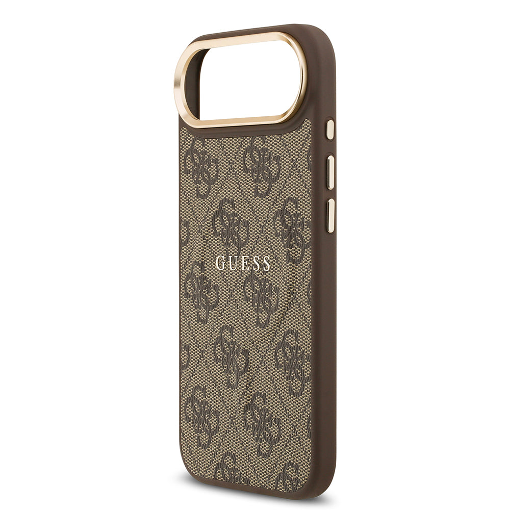 Apple iPhone 17 Air Kılıf Guess Orjinal Lisanslı M-safe Şarj Özellikli Gold Metal Kamera Çerçeveli PU Deri 4G Desenli Yazı Logolu Kapak Kahverengi