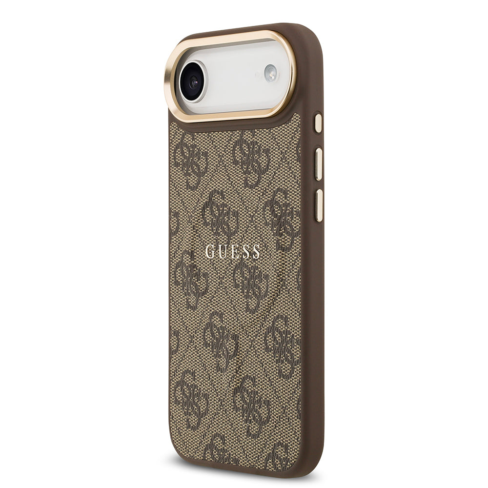 Apple iPhone 17 Air Kılıf Guess Orjinal Lisanslı M-safe Şarj Özellikli Gold Metal Kamera Çerçeveli PU Deri 4G Desenli Yazı Logolu Kapak Kahverengi