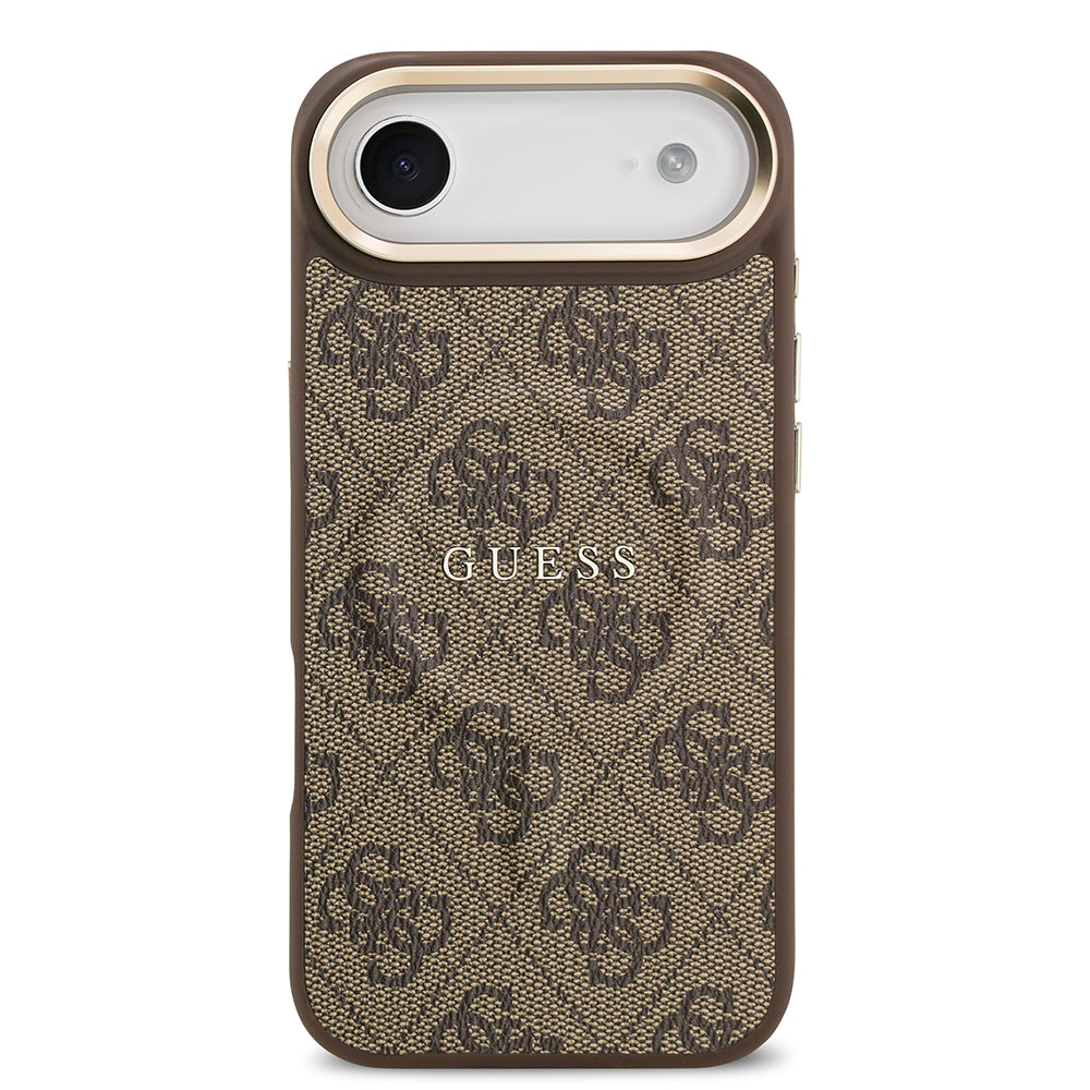 Apple iPhone 17 Air Kılıf Guess Orjinal Lisanslı M-safe Şarj Özellikli Gold Metal Kamera Çerçeveli PU Deri 4G Desenli Yazı Logolu Kapak Kahverengi