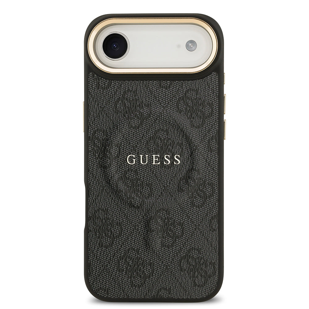 Apple iPhone 17 Air Kılıf Guess Orjinal Lisanslı M-safe Şarj Özellikli Gold Metal Kamera Çerçeveli PU Deri 4G Desenli Yazı Logolu Kapak Siyah