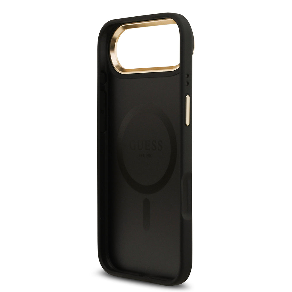 Apple iPhone 17 Air Kılıf Guess Orjinal Lisanslı M-safe Şarj Özellikli Gold Metal Kamera Çerçeveli PU Deri 4G Desenli Yazı Logolu Kapak Siyah