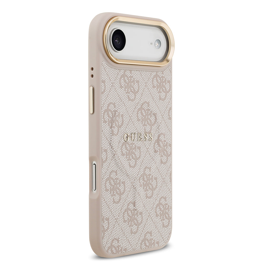 Apple iPhone 17 Air Kılıf Guess Orjinal Lisanslı M-safe Şarj Özellikli Gold Metal Kamera Çerçeveli PU Deri 4G Desenli Yazı Logolu Kapak Pembe